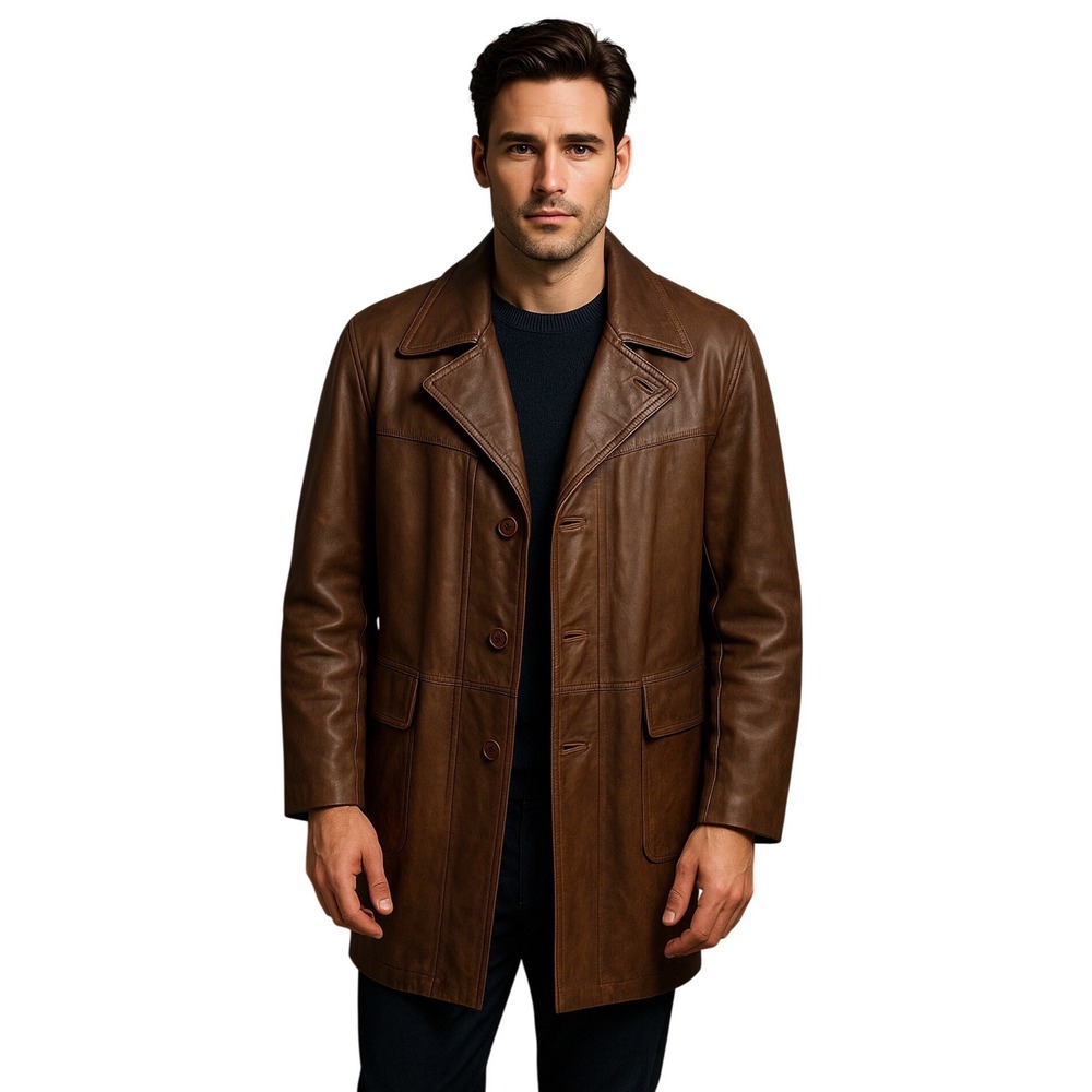 Vintage Reed Sportswear Brown Leather Coat‎ Jacket Mens L Car Coat Retro 70s 80s